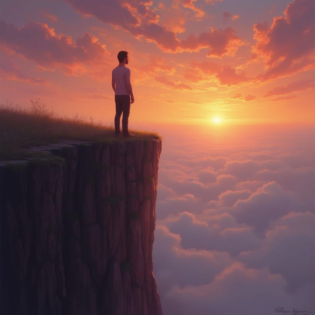 Man Gazing at Sunset on Cliff Edge