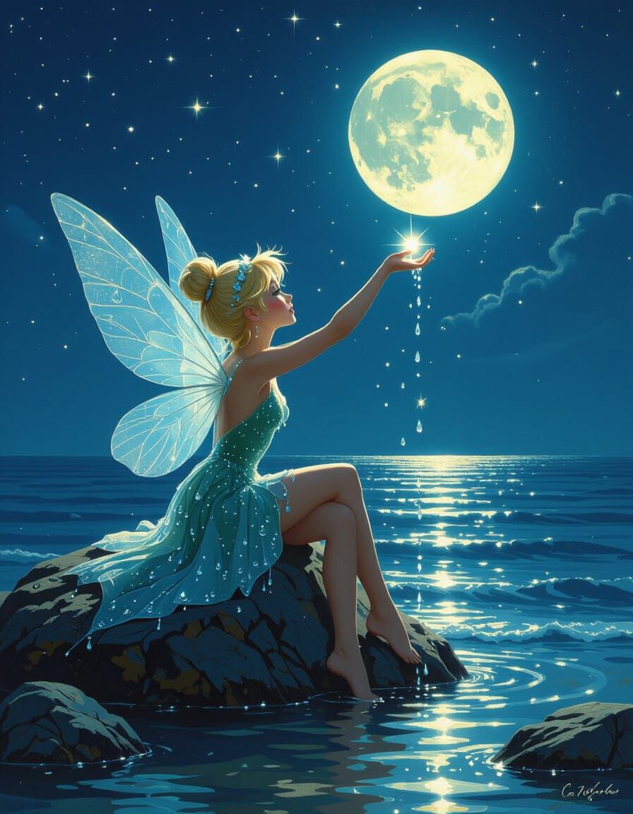 Tinkerbell in Water Drop Dress by Moonlight, Oil Painting
