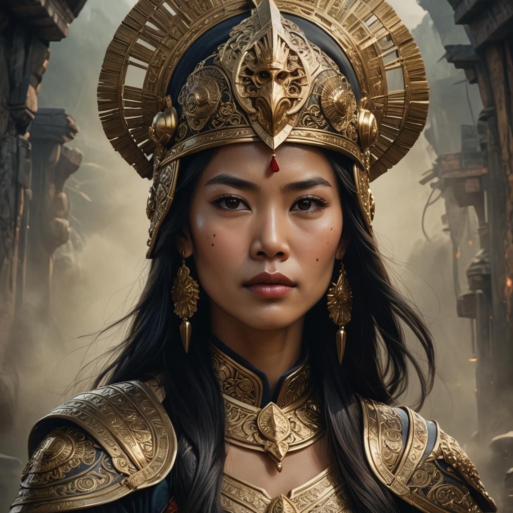 Hyperrealistic Portrait of a Filipino Woman with Golden Helm...