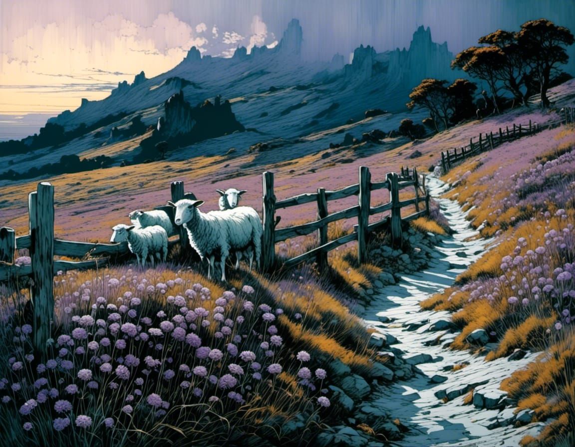 Surreal Landscape with Blooming Meadows and Grazing Sheep in...