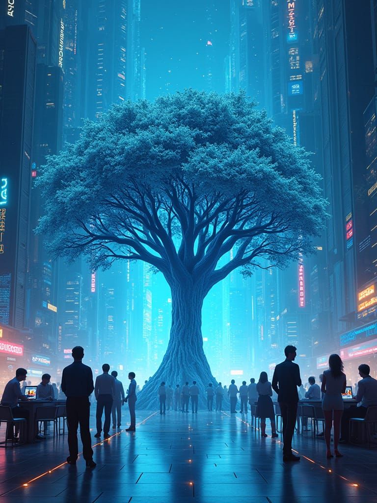 Futuristic Cityscape with Neural Network Tree