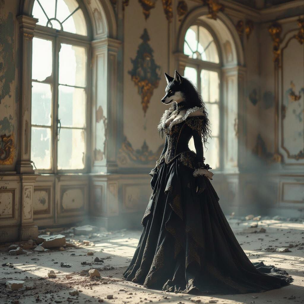 Regal Werewolf in Baroque Ballroom, Glitchcore Aesthetic