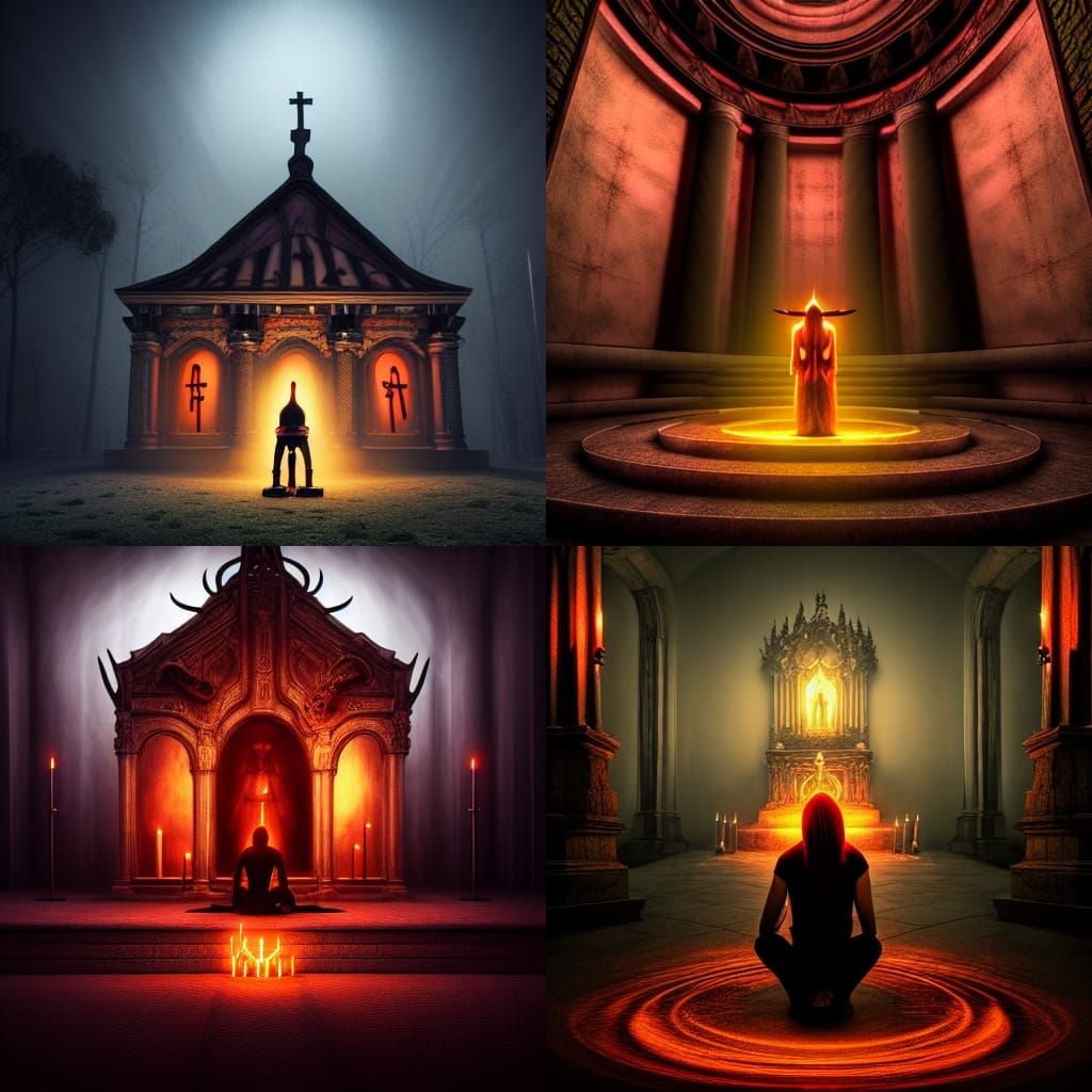 Demon Praying at Occult Altar in Photorealistic Style