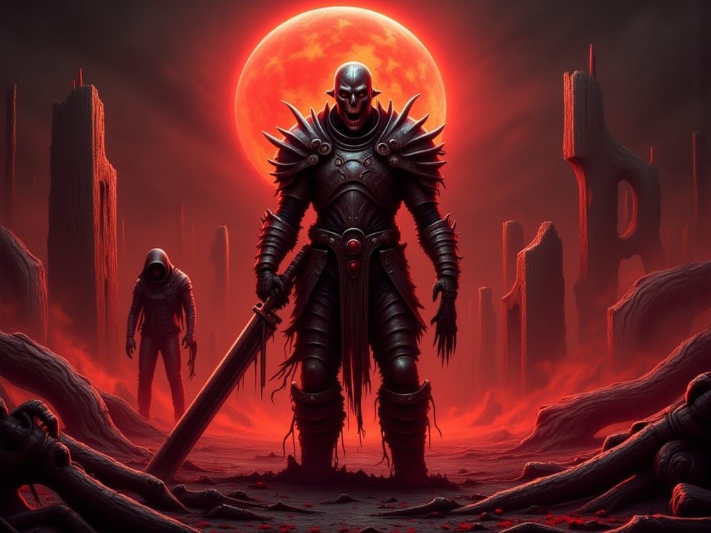 Dark Fantasy Demon Warrior in a Grim Reaper's Shadow