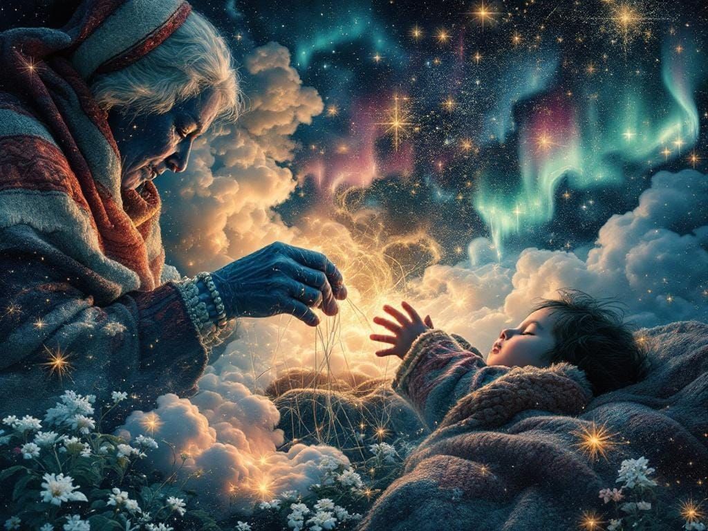 Inuit Grandmother Weaving Dreams into Northern Lights