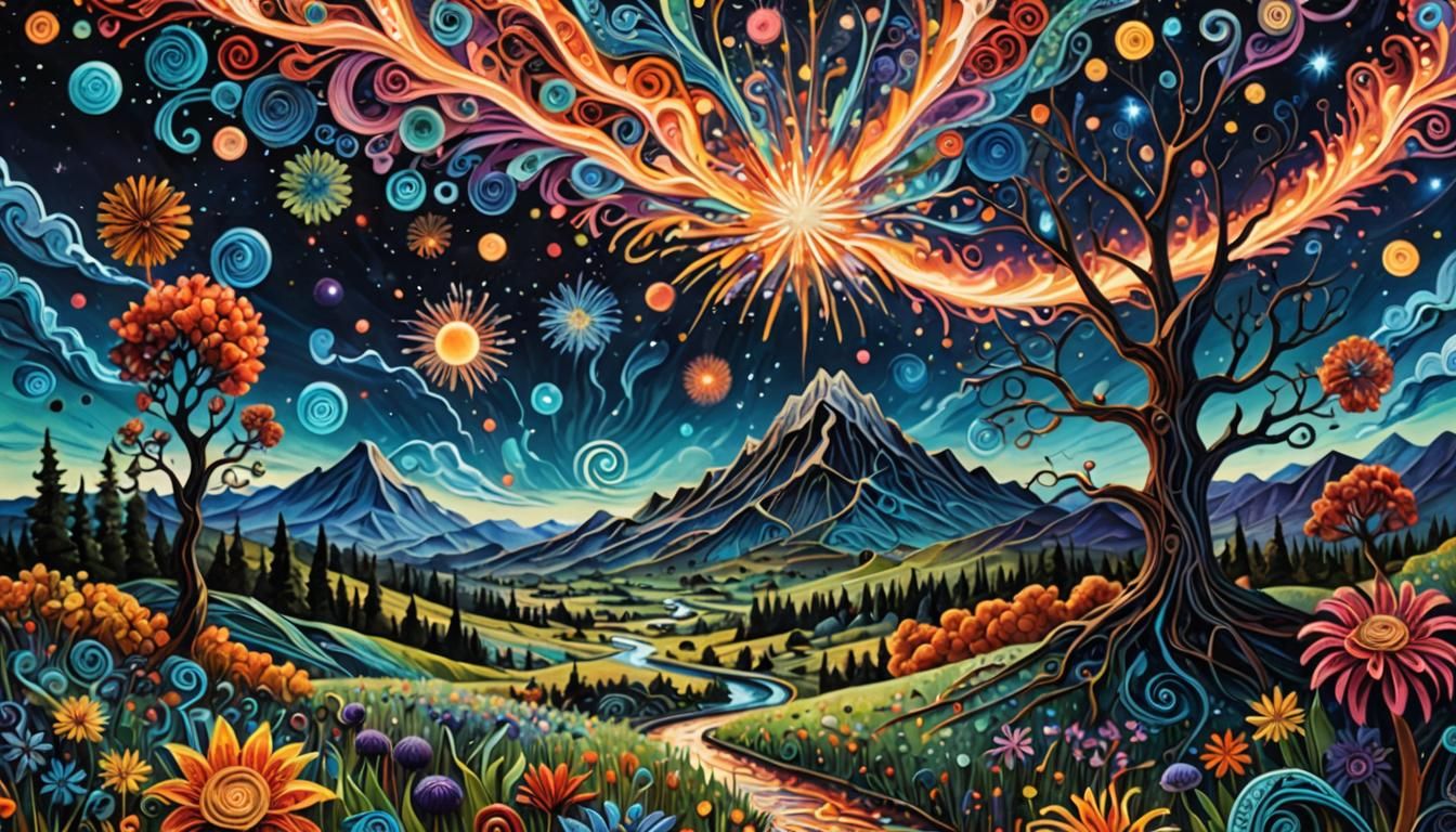 Surreal Fireworks Landscape in Cosmic Quilling Style