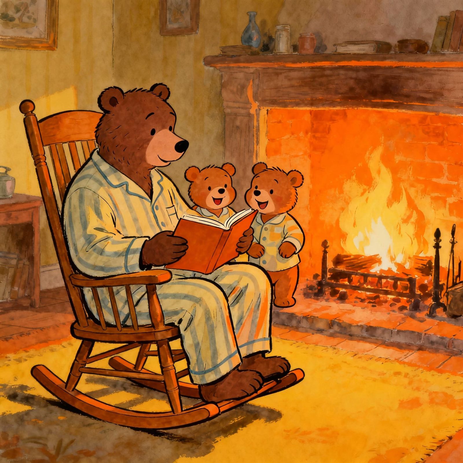 Father Bear Reads to Cubs in Cozy Cartoon Style