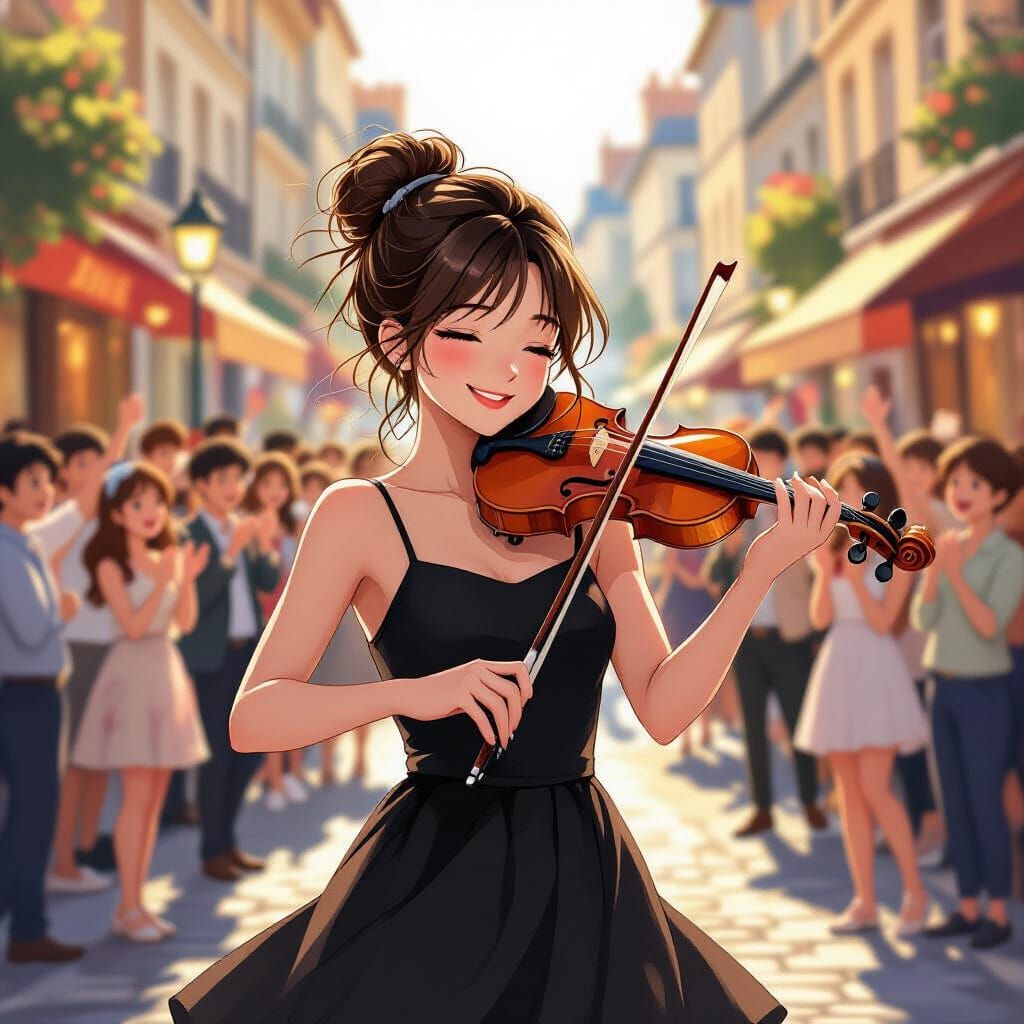 Teen Violinist in Paris Streets Anime Style