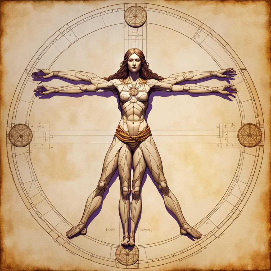 "The Vitruvian Woman: 1490 drawing inspired by Vitruvius. Woman in overlapping positions forming circle & square. Master...