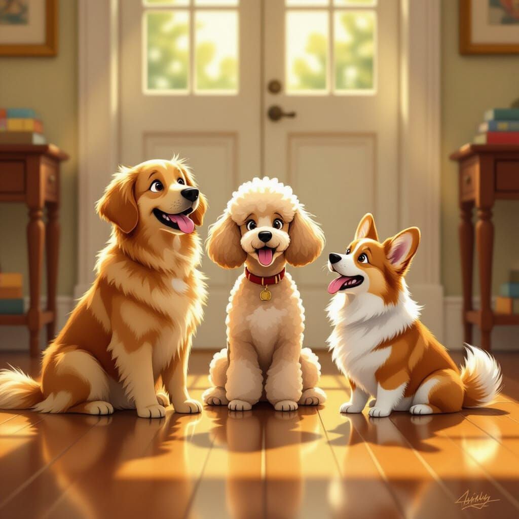 Amused Dogs Sharing a Joke in Storybook Style