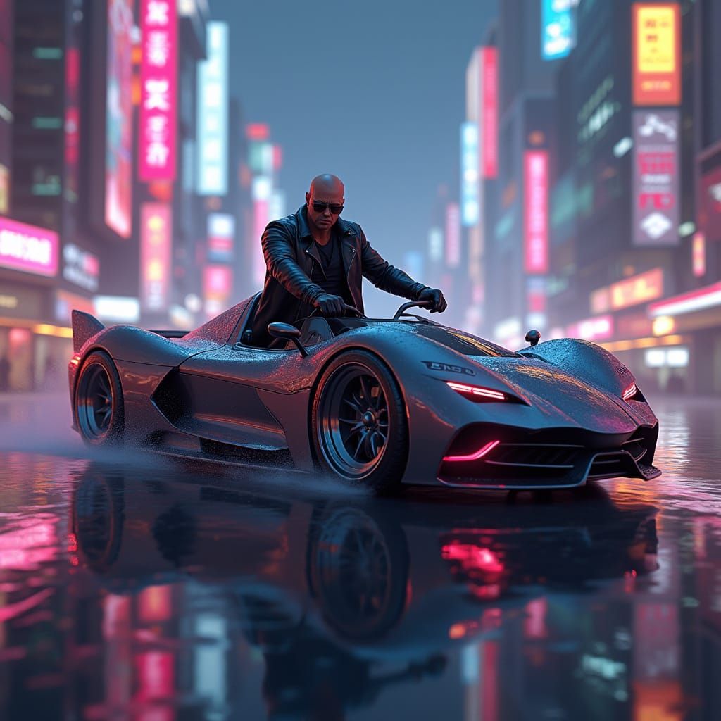 Vin Diesel in Flying Car: Anime-Inspired 3D Art