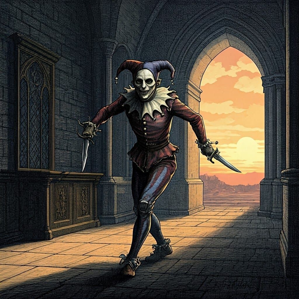 Mechanical Jester Roams Deserted Castle at Sunset