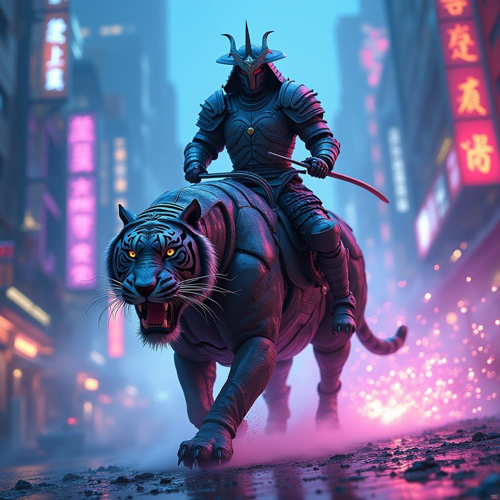 Samurai Warrior on Robotic Tiger in Cyberpunk City