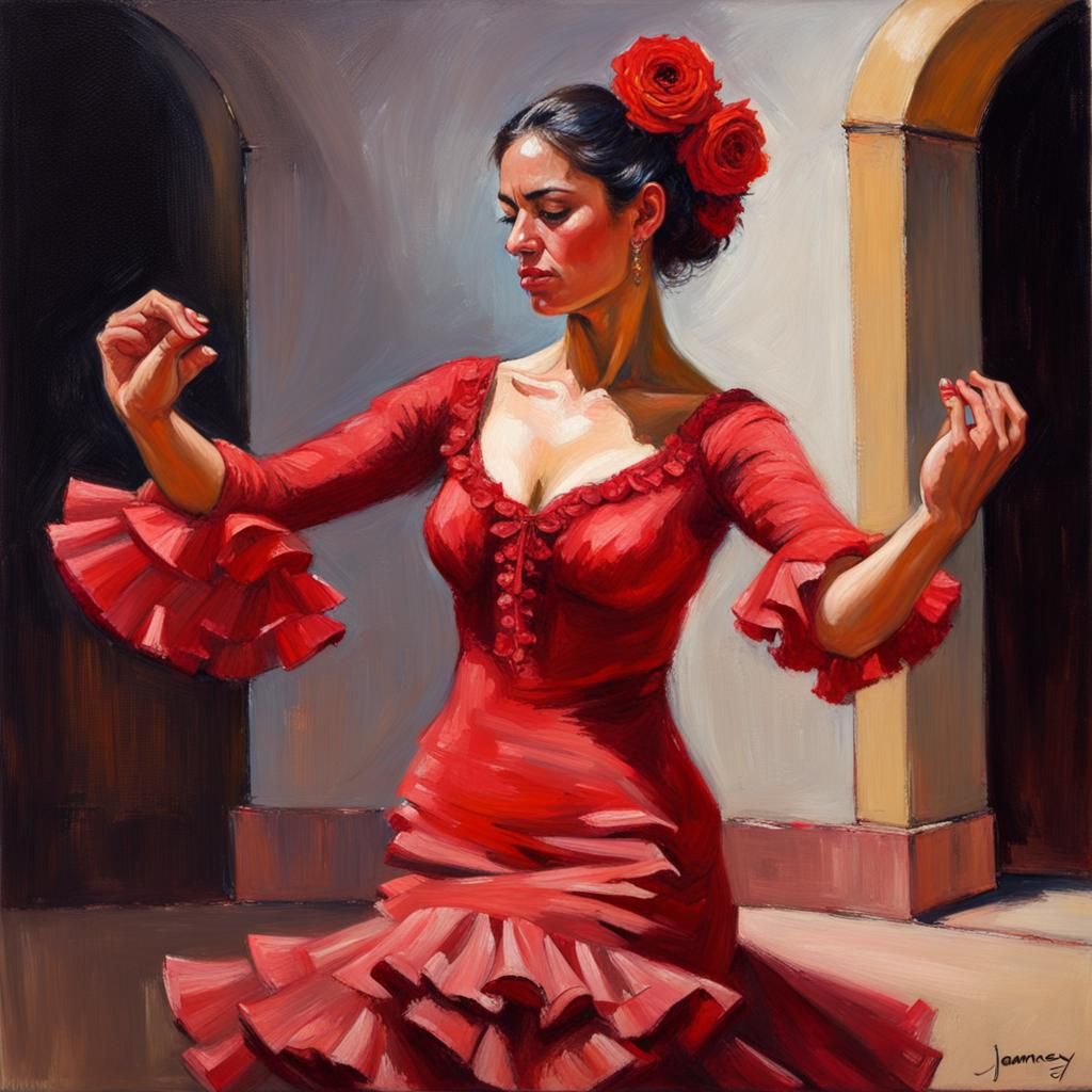 Flamenco Dancer in Rose Dress: Oil Painting