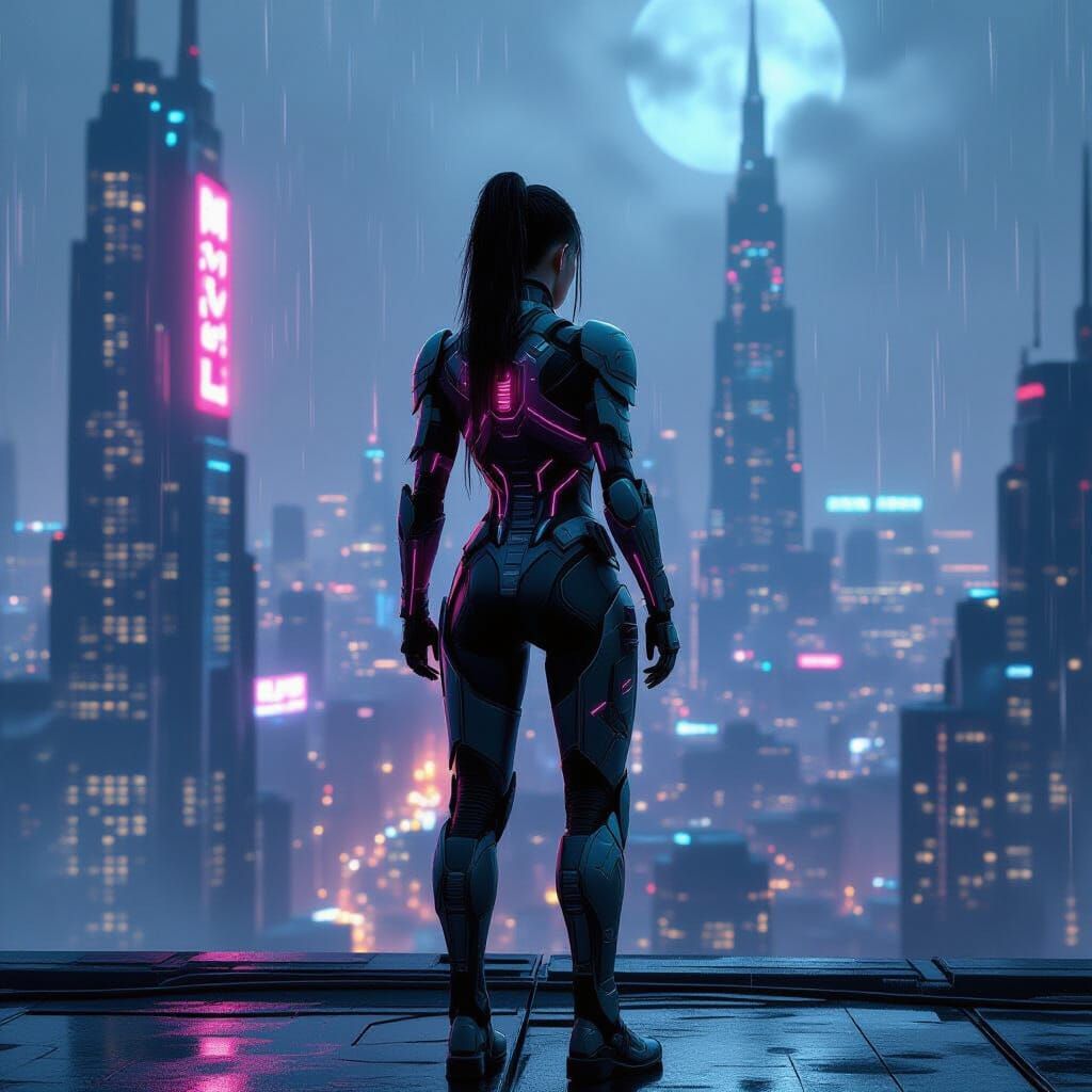 Cyberpunk Warrior Overlooking Neon Metropolis