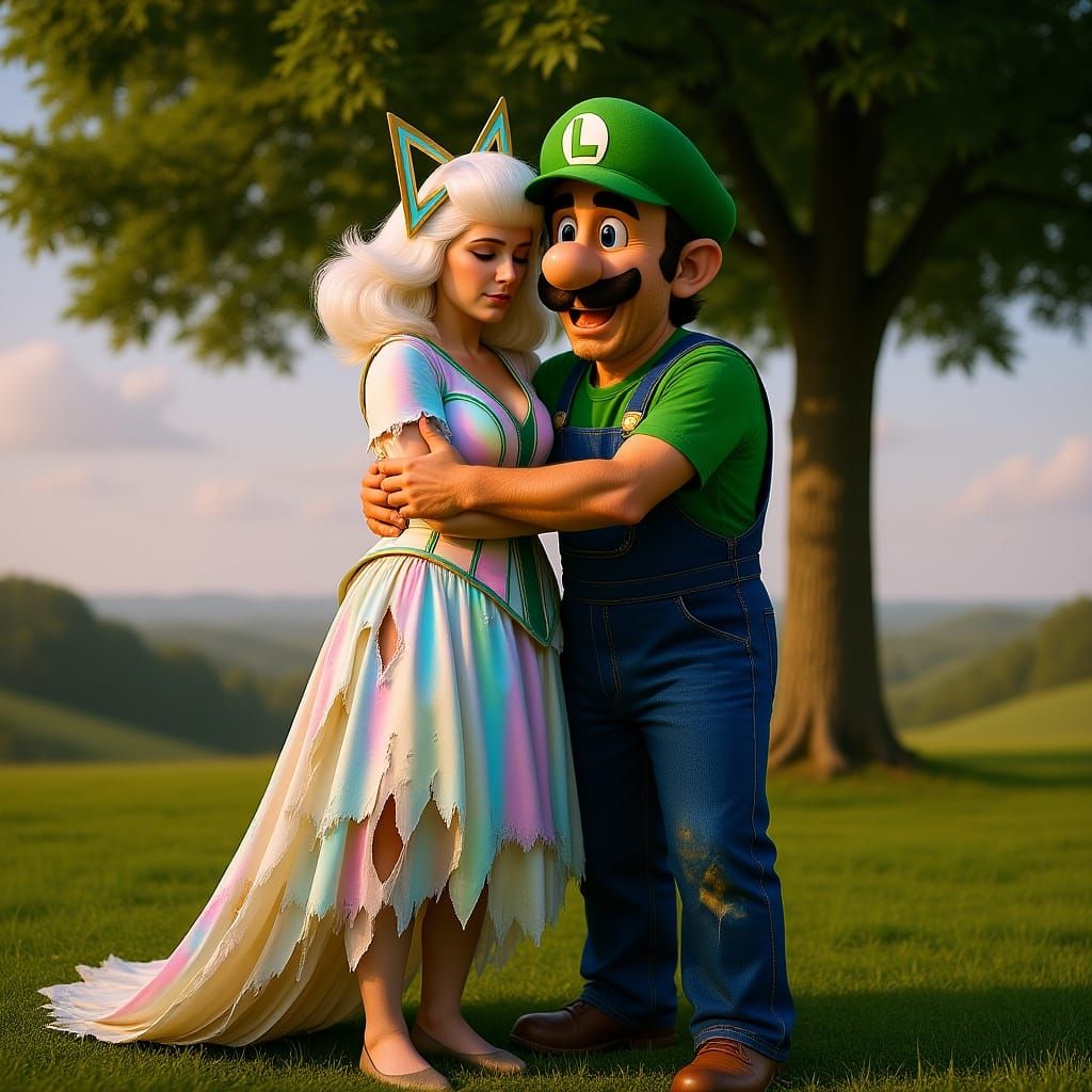 Photorealistic Super Paper Mario Scene: Timpani Kisses Luigi