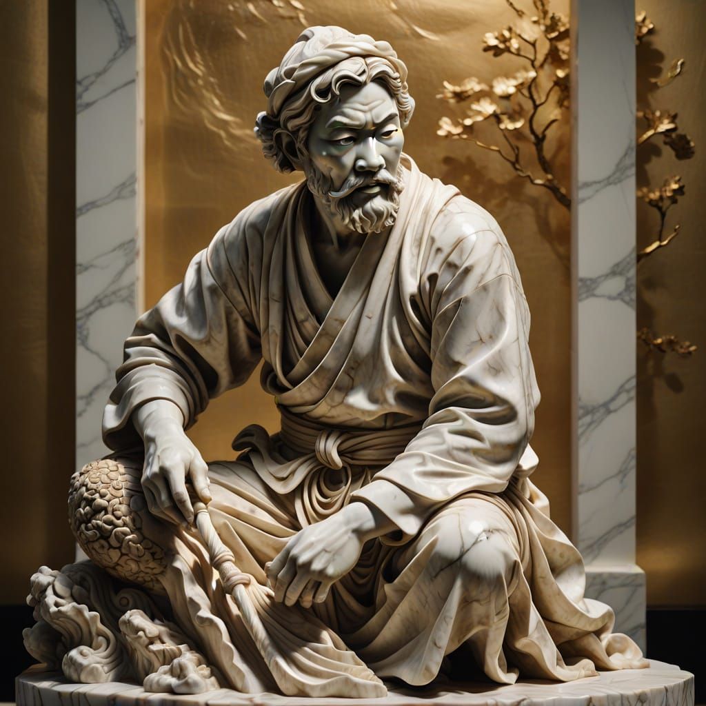 Baroque Marble Sculpture of Japanese Fisherman