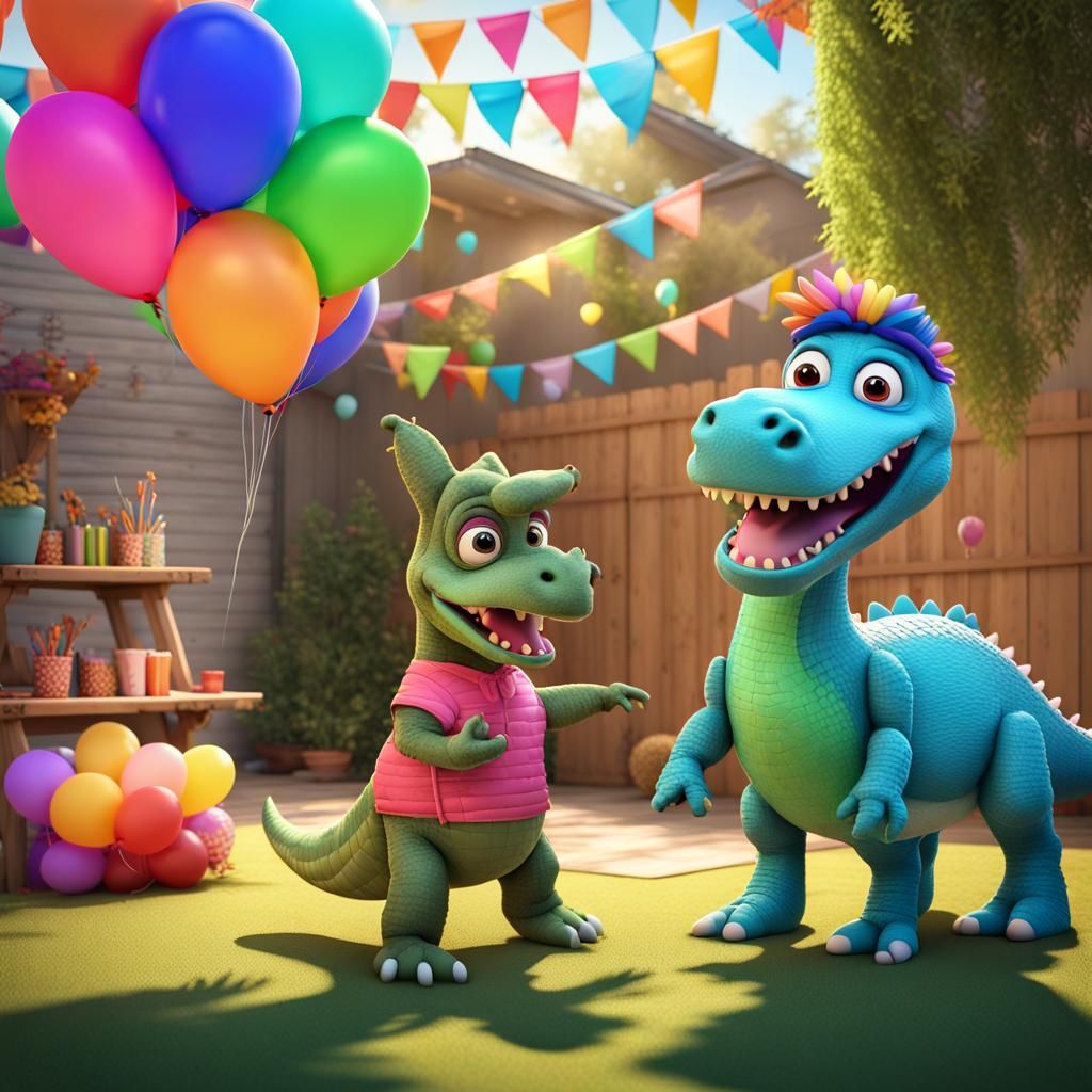 Festive Backyard Party with Piñata, Pixar Style