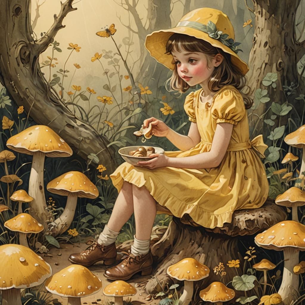 Girl on Mushroom in Whimsical Illustration Style