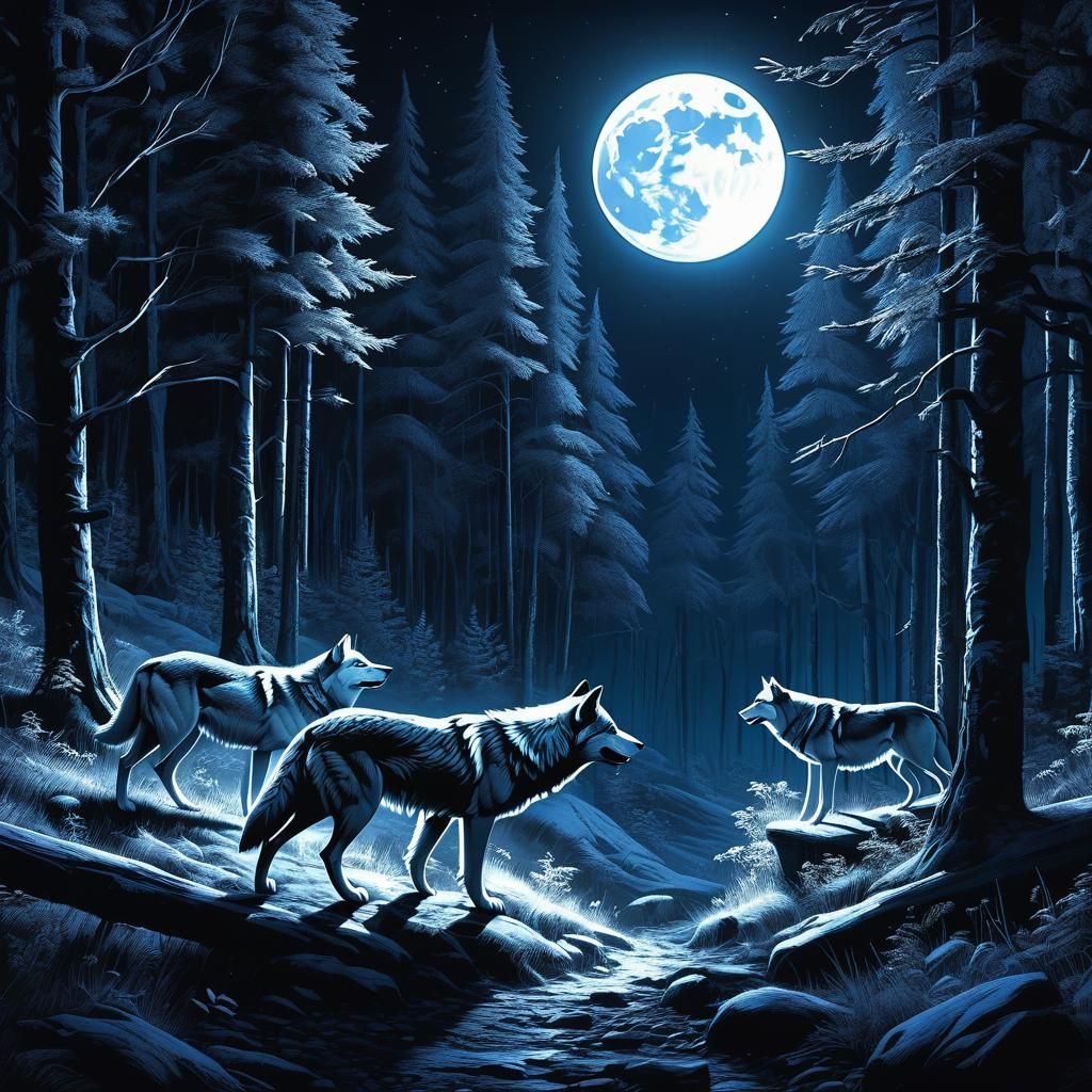 Wolves in Forest Under Full Moon Chalk Drawing