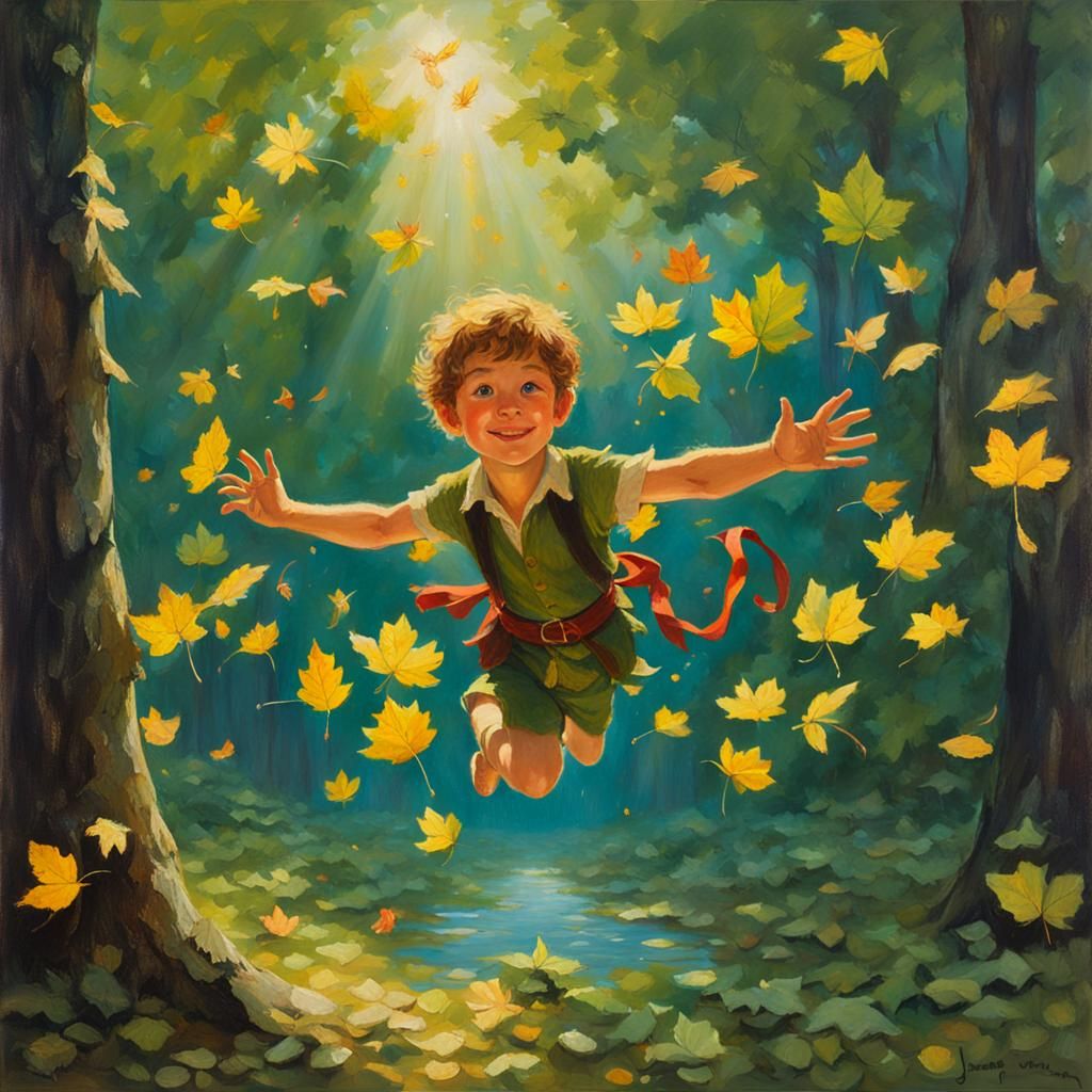 Peter Pan in Sunlit Forest, Oil Painting