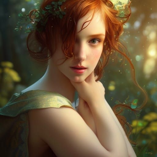 Pretty Elf Girl Portrait in Garden, Hyperdetailed Art