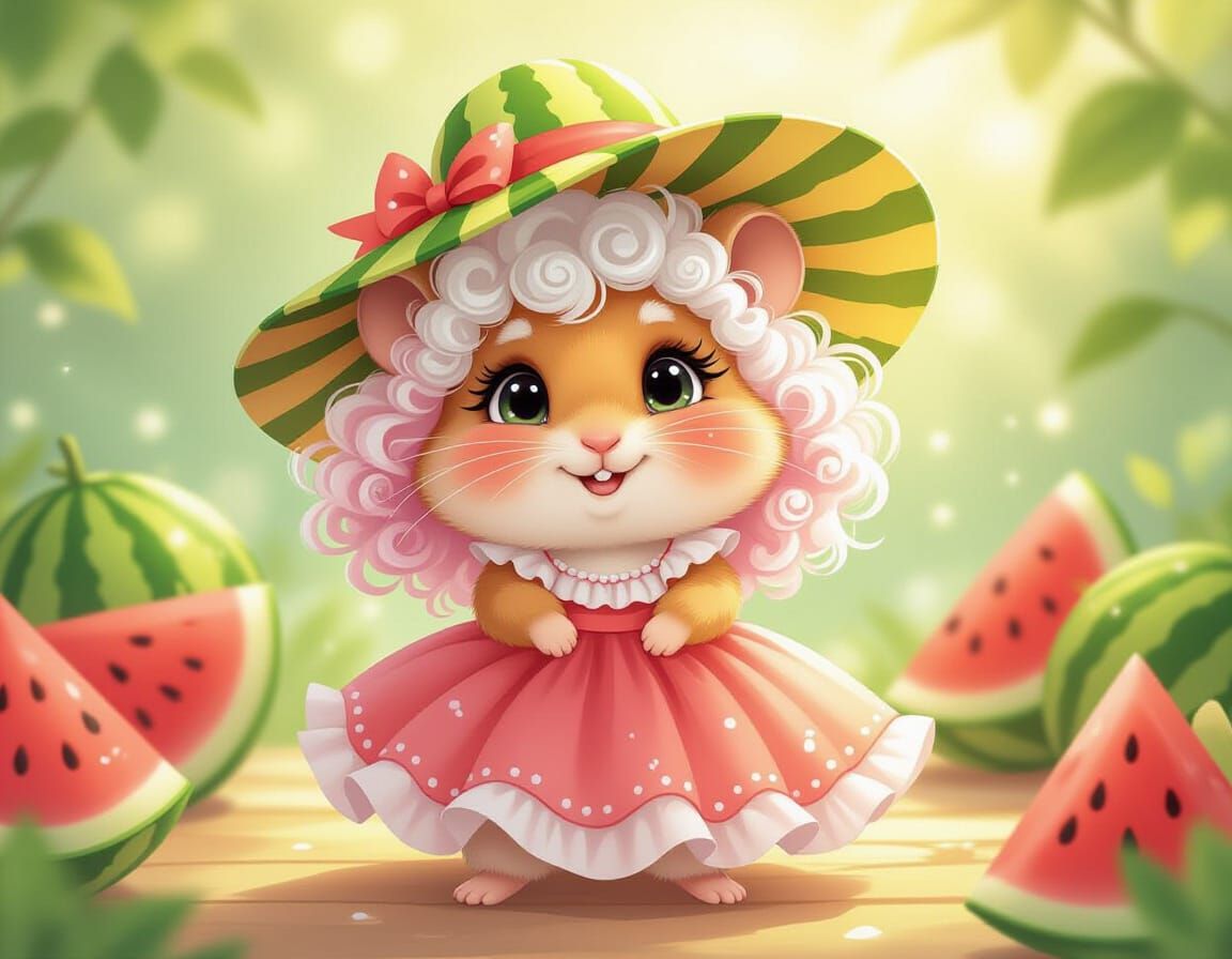 Cute Hamster Baby with Watermelon Hat, Kawaii Style