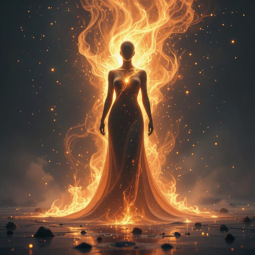 Divine Figure Transforms into Cosmic Fire and Stardust