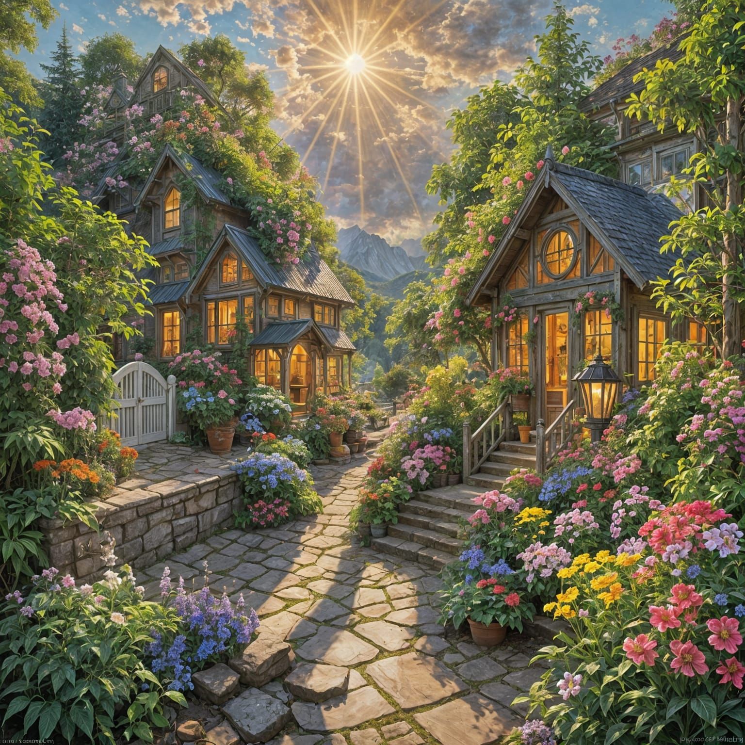 Cozy Sunroom with Flowers in Hyper-Detailed Oil Painting Sty...