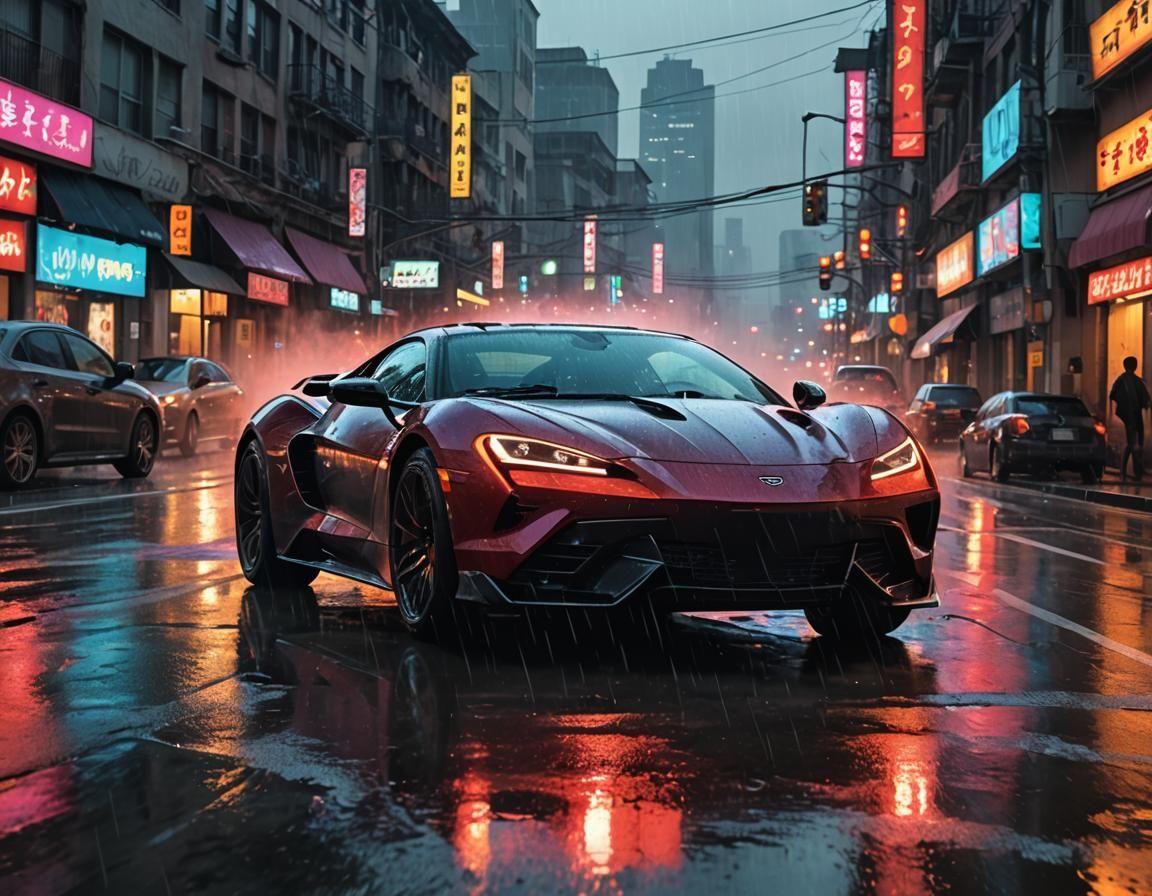 Cyberpunk Sports Car Races Through Neon Cityscape