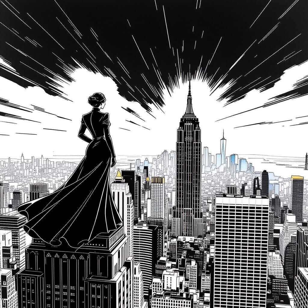 Lone Figure Gazing Over Metropolis in Moebius Style