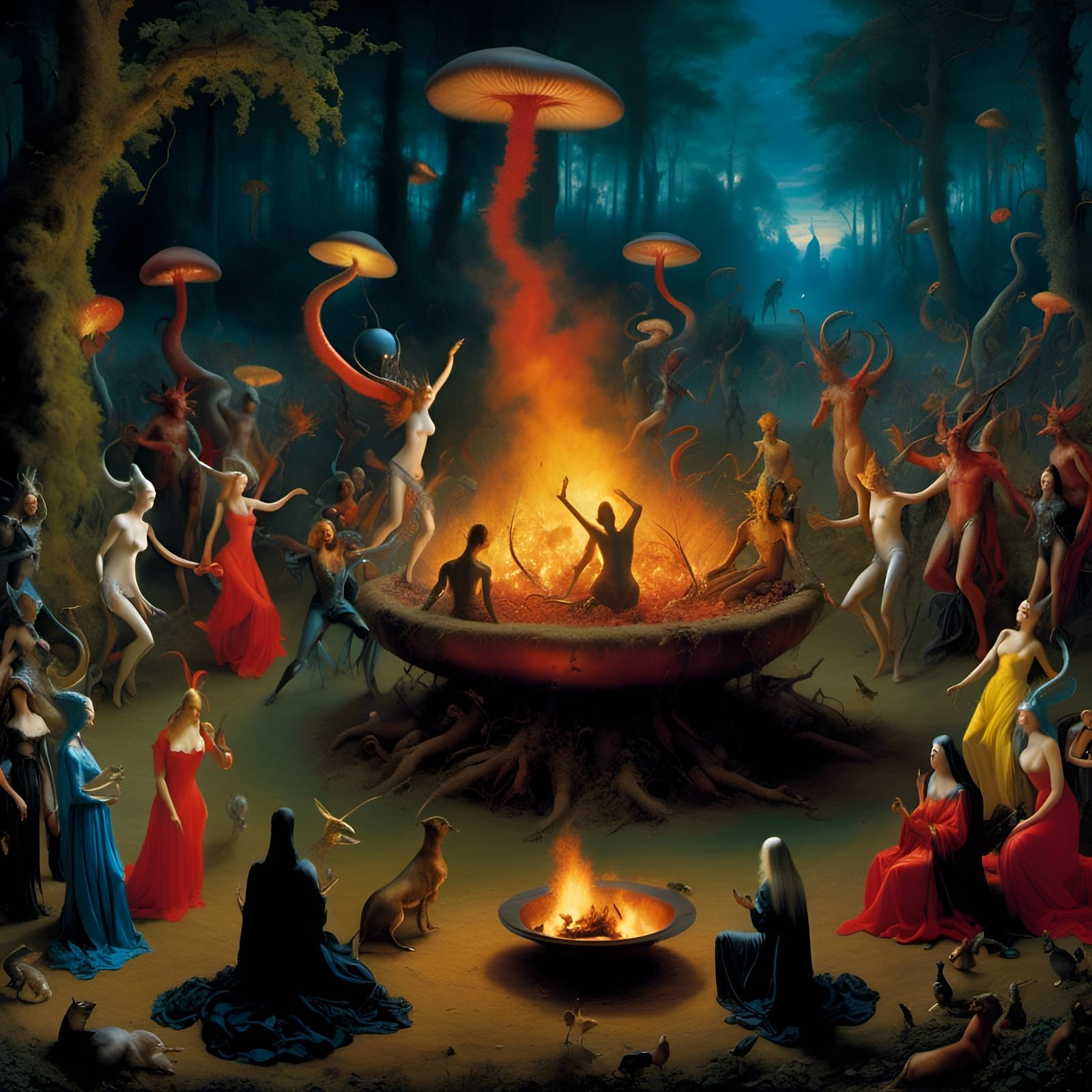 Sprites Dance Around Fire in Surreal Mushroom Forest