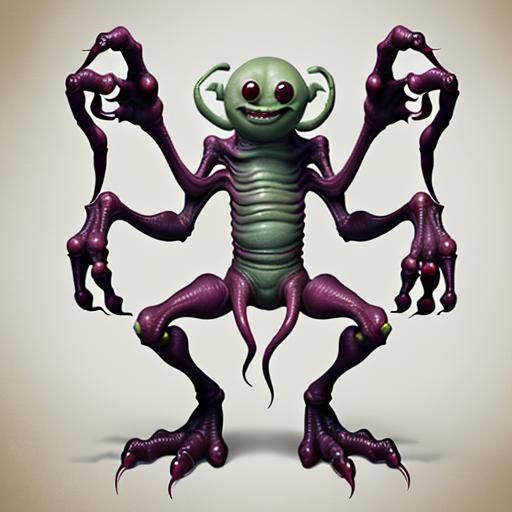 he creature has four arms, but one hand is missing a finger entirely. An extra leg sprouts from its lower back, malforme...