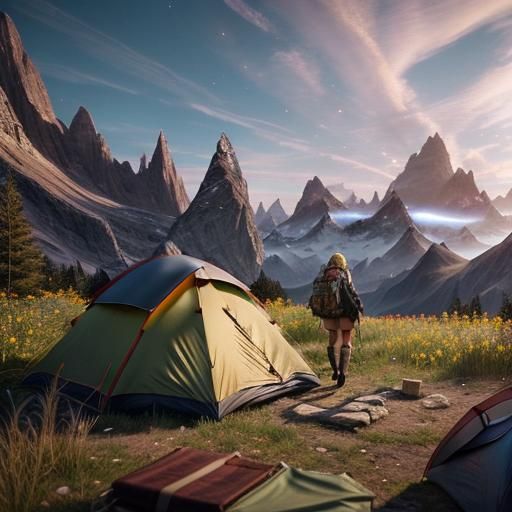 Blonde Backpacker's Spring Camping: Matte Painting Style