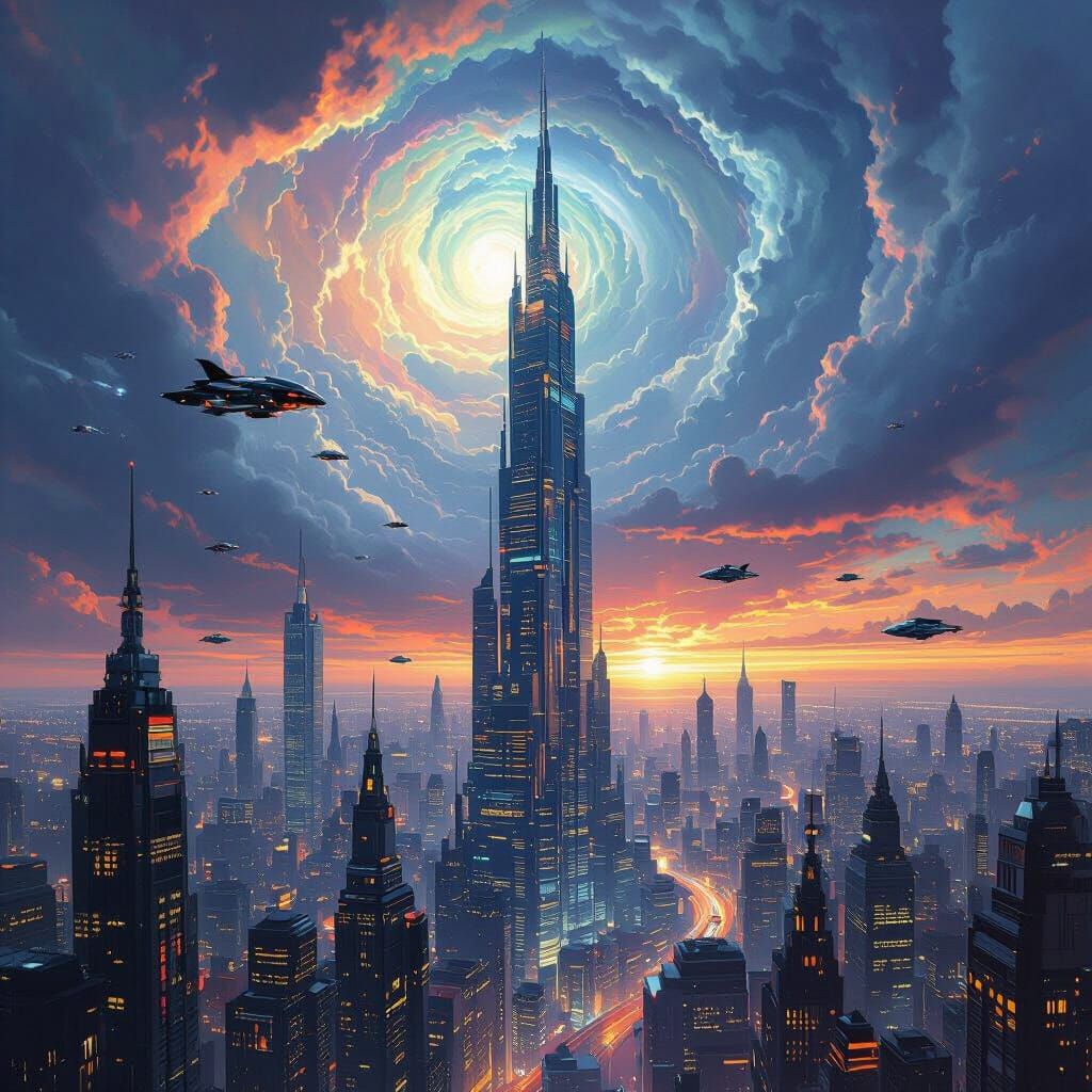 Futuristic Metropolis with Swirling Storm Sky