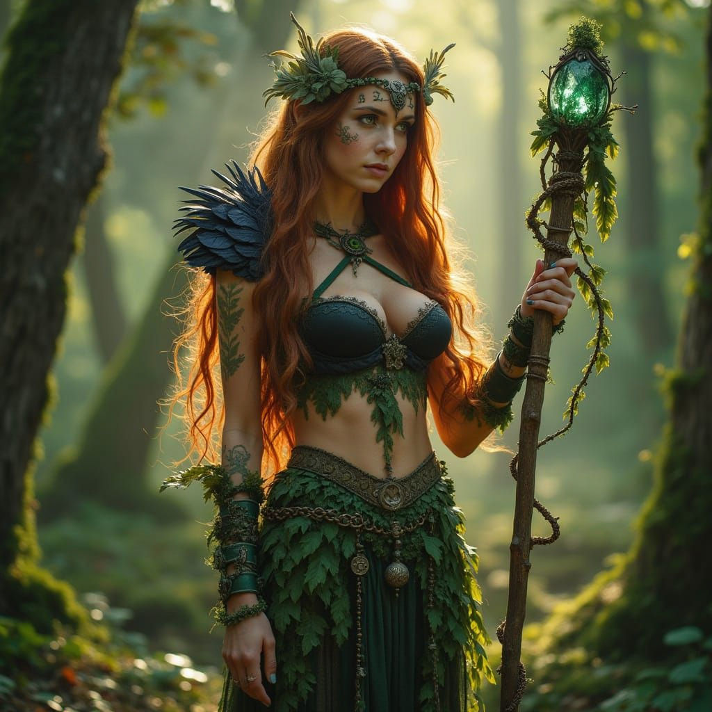 Mystical Wood Elf Druidess in Sunlit Enchanted Forest