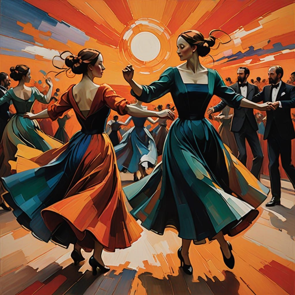 Dancers in Vibrant Sunset Dance with Impressionist Flair