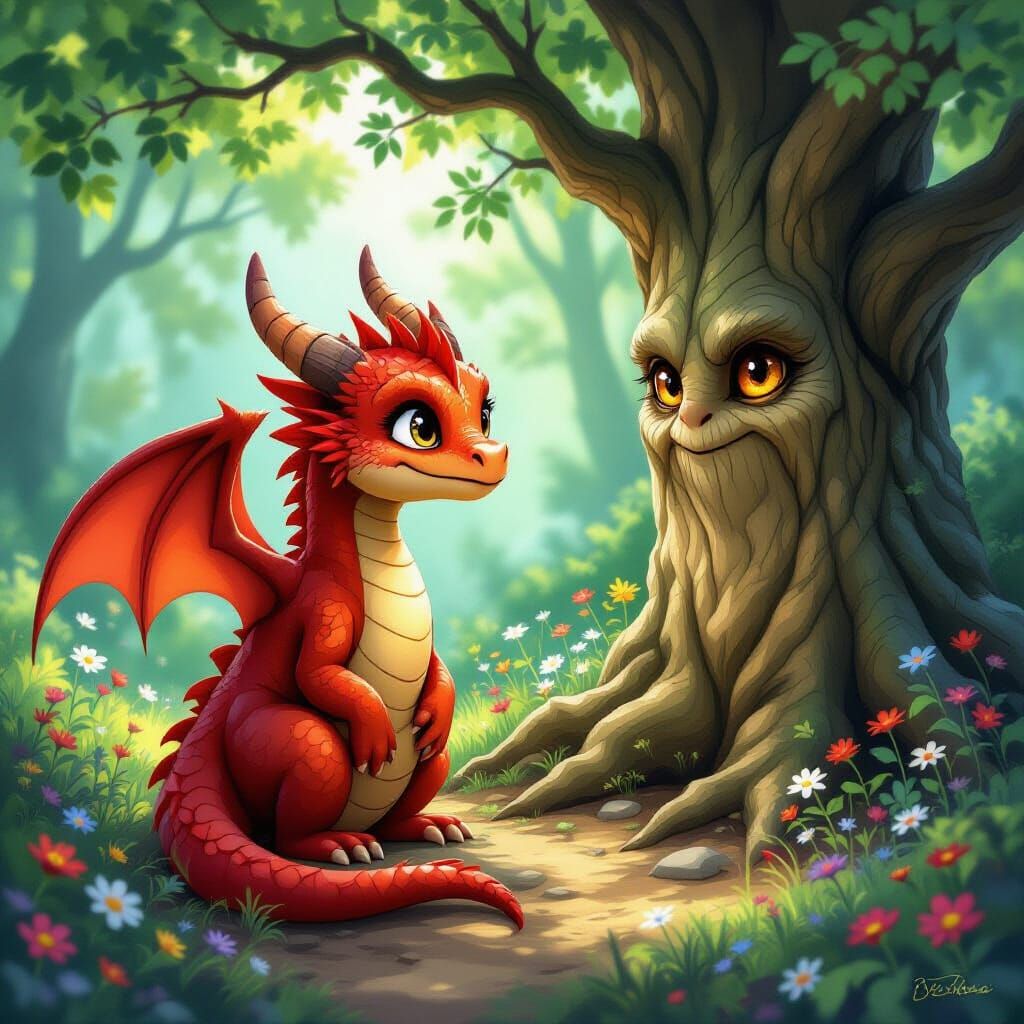 Red Dragon Listens to Tree Secrets in Whimsical Style