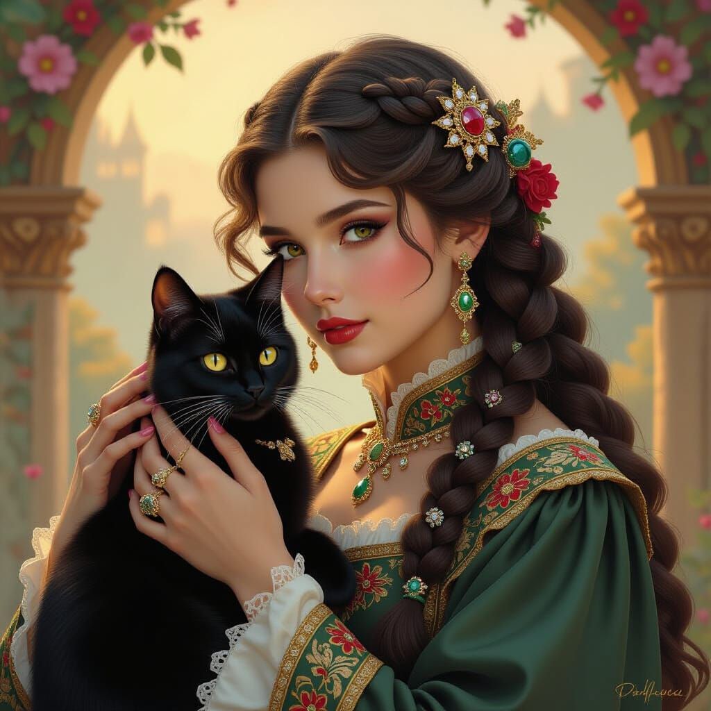 Medieval Figure with Black Cat in Ethereal Style