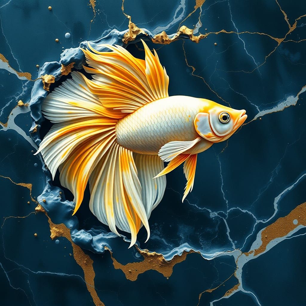 Majestic Betta Fish Emerges from Marble Wall