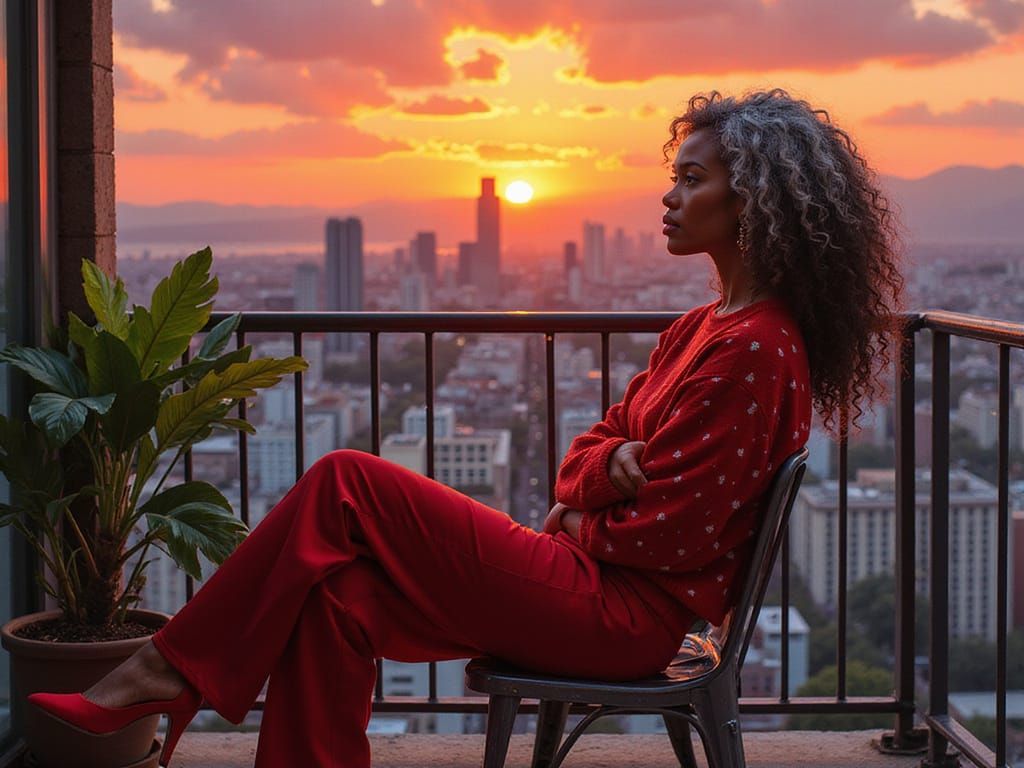 Cartoon Portrait of Woman Overlooking Cityscape