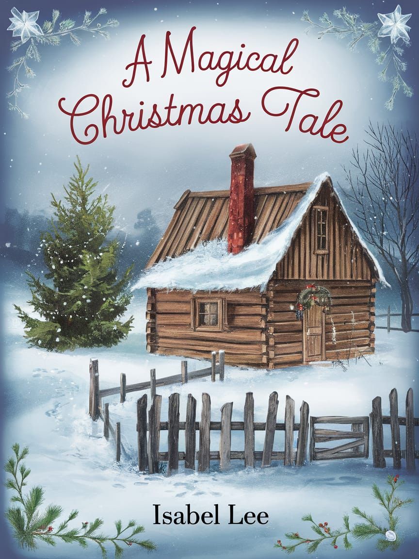 Children's Christmas Book Cover with Snowy Cabin