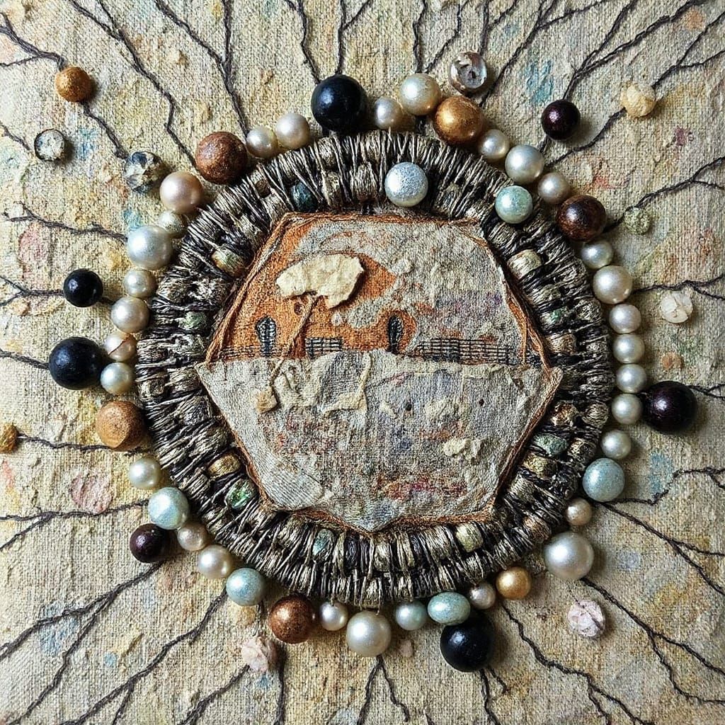 Distressed Abstract Textile Art with Iridescent Beads