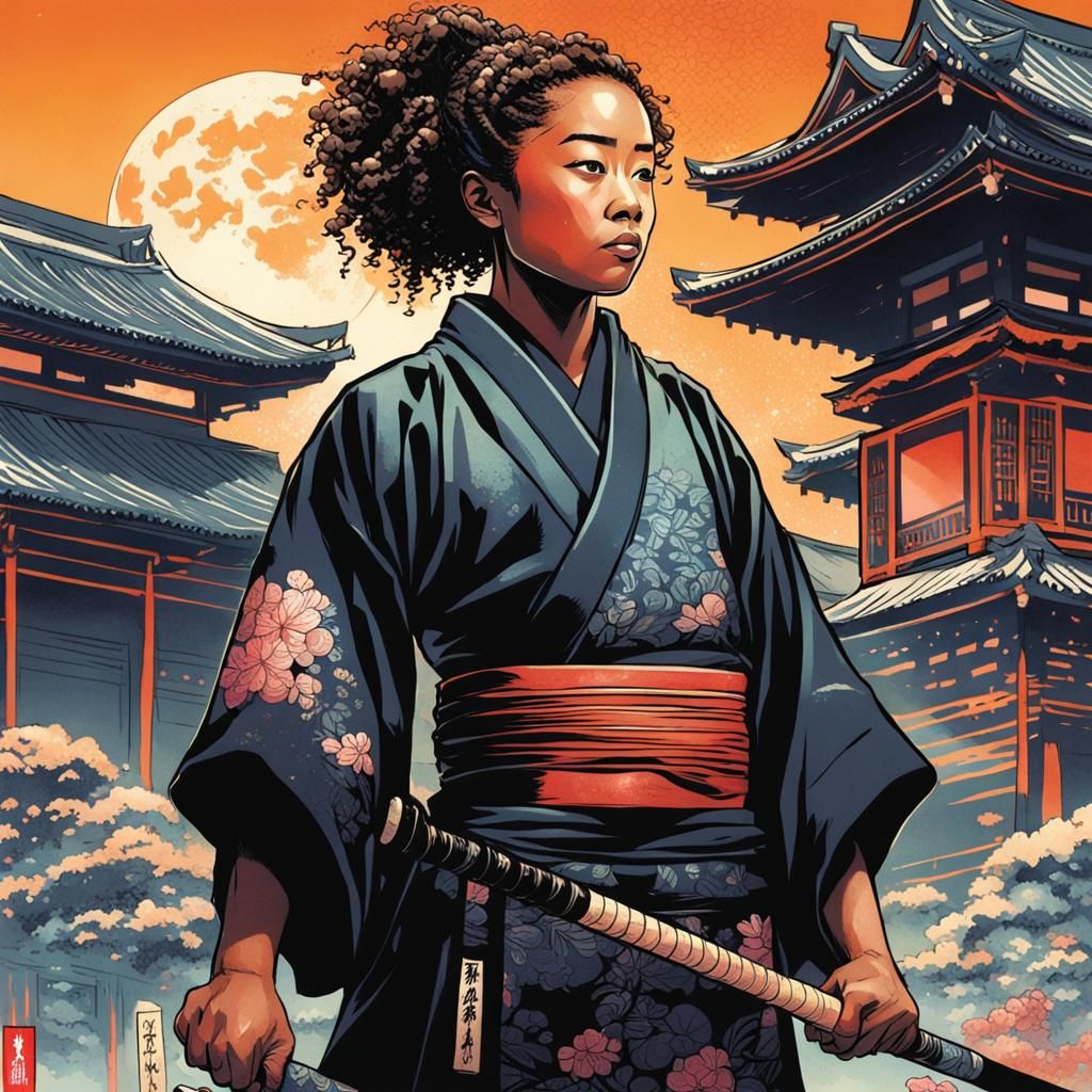 Naomi Osaka in Black Kimono: Comic Book Art