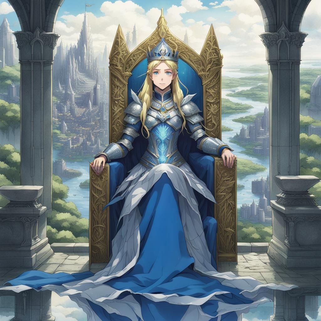 Anime Queen in Blue and Silver Armor
