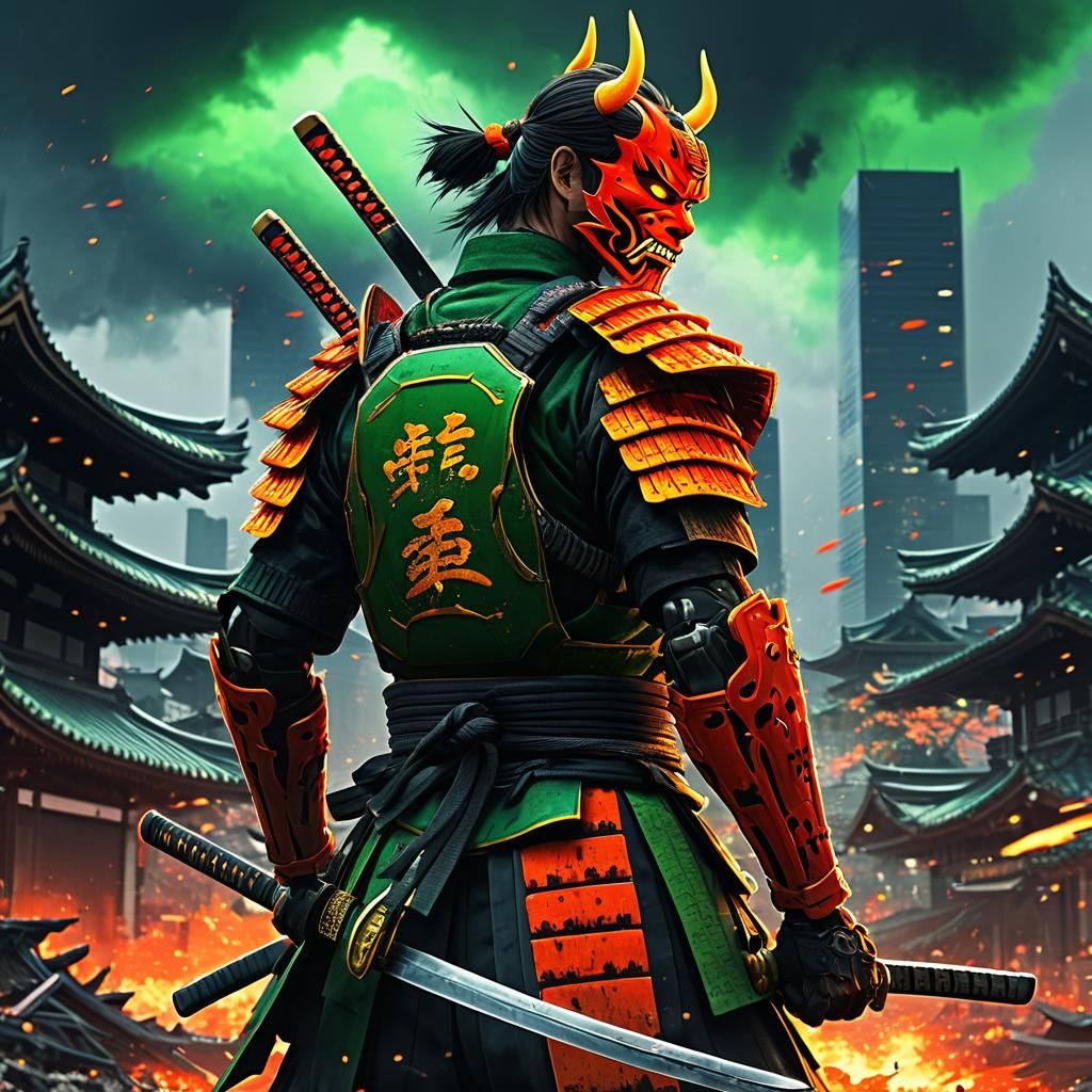 Fiery Samurai in Destroyed Cityscape: Anime-Inspired Digital...