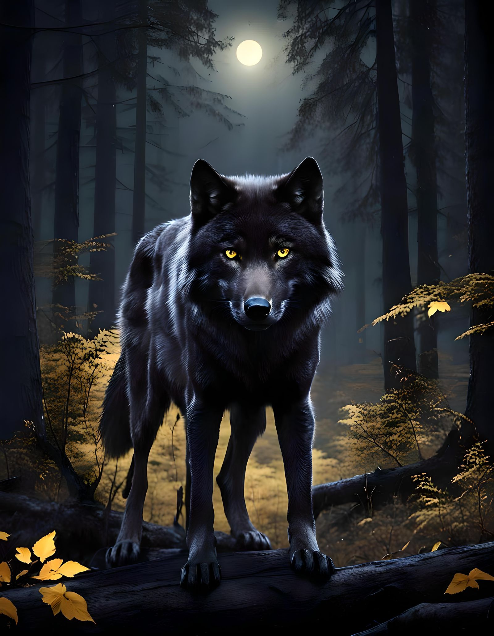 Mesmerizing Black Wolf in Dark Forest