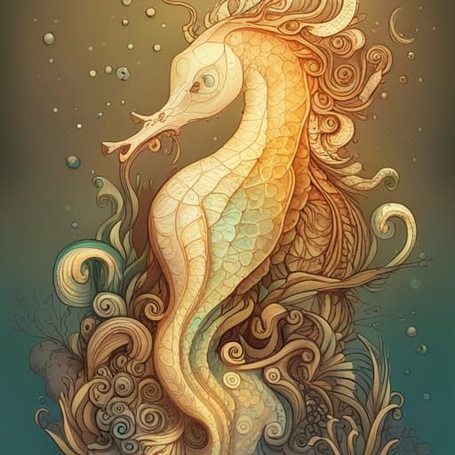 Golden Seahorse Digital Painting with Intricate Details