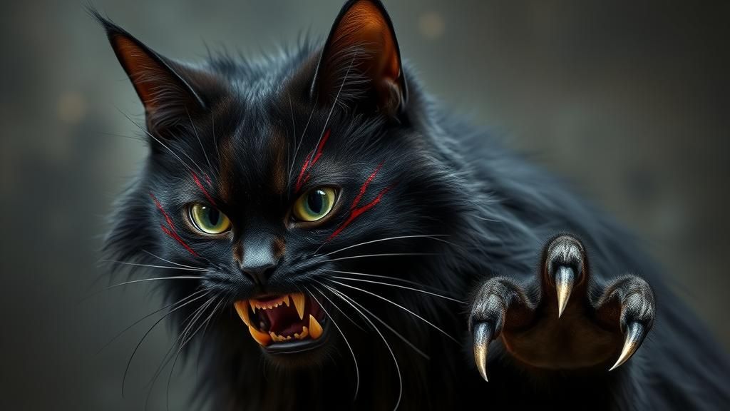 Menacing Black Cat with Scars and Fangs
