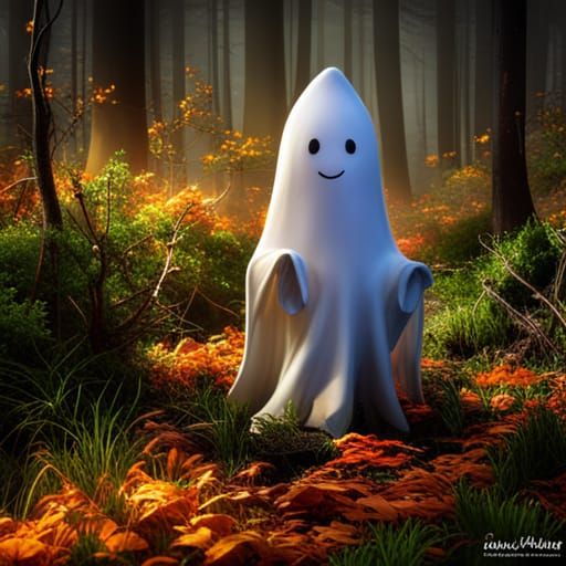 Adorable Cartoon Ghost in Enchanted Forest